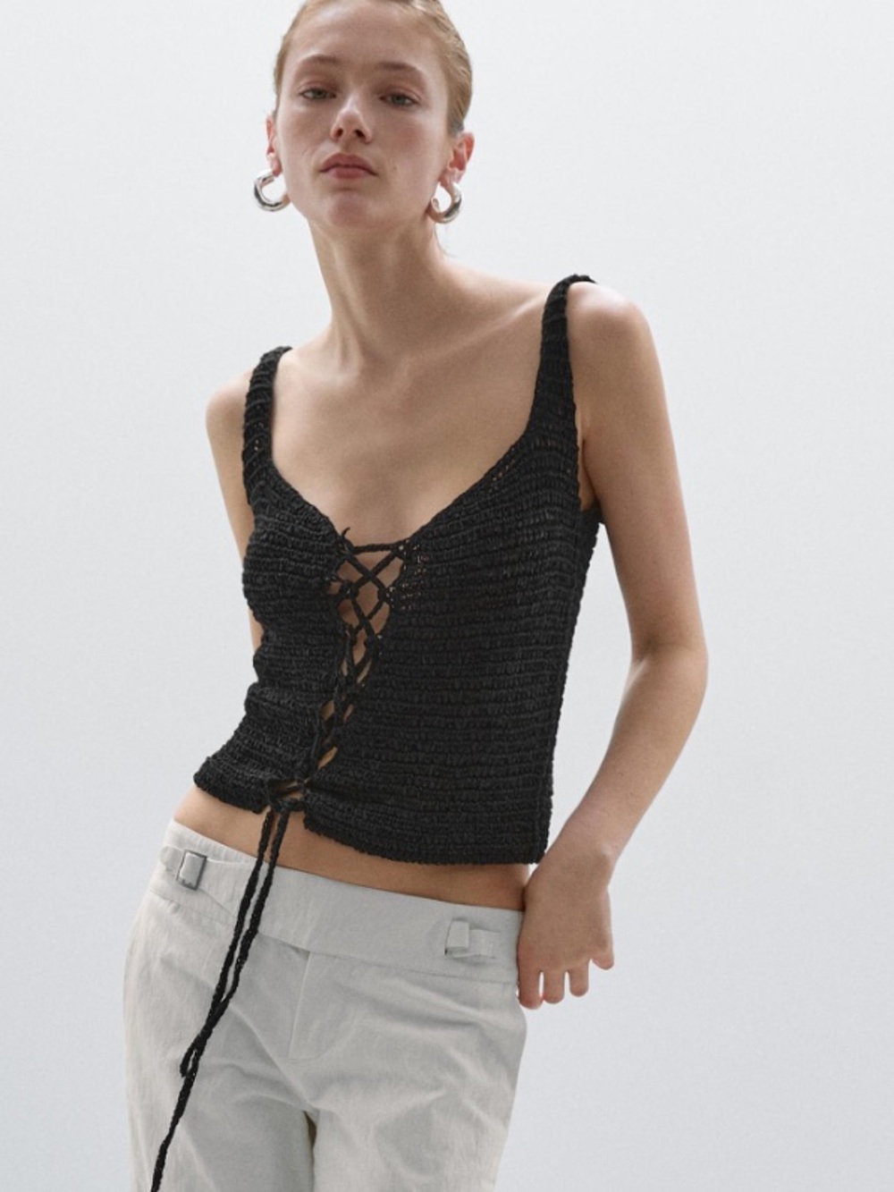 Massimo Dutti NWT knit black top with tie detail 5748/710